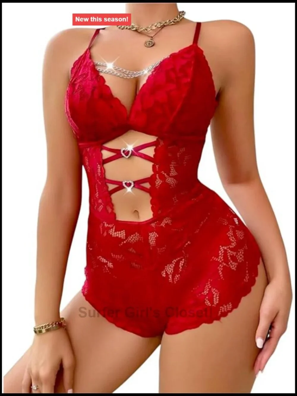 Sexy Lace Teddy Lingerie Romper with Heart Rhinestone Details Cutout